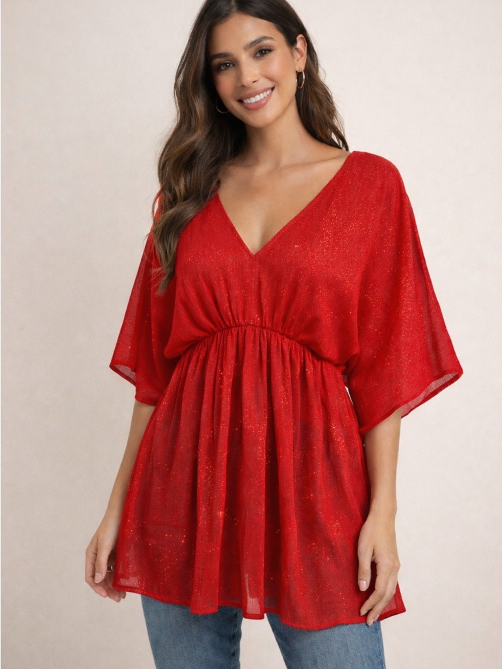 JODIFL Red Sparkle V-Neck Tunic